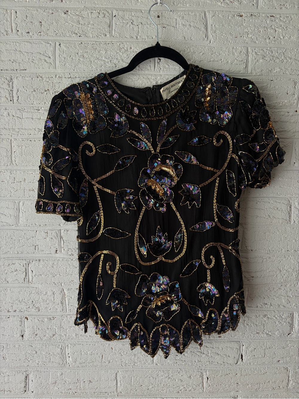 Vintage Papell Boutique Navy Beaded & Sequined Floral Evening Top